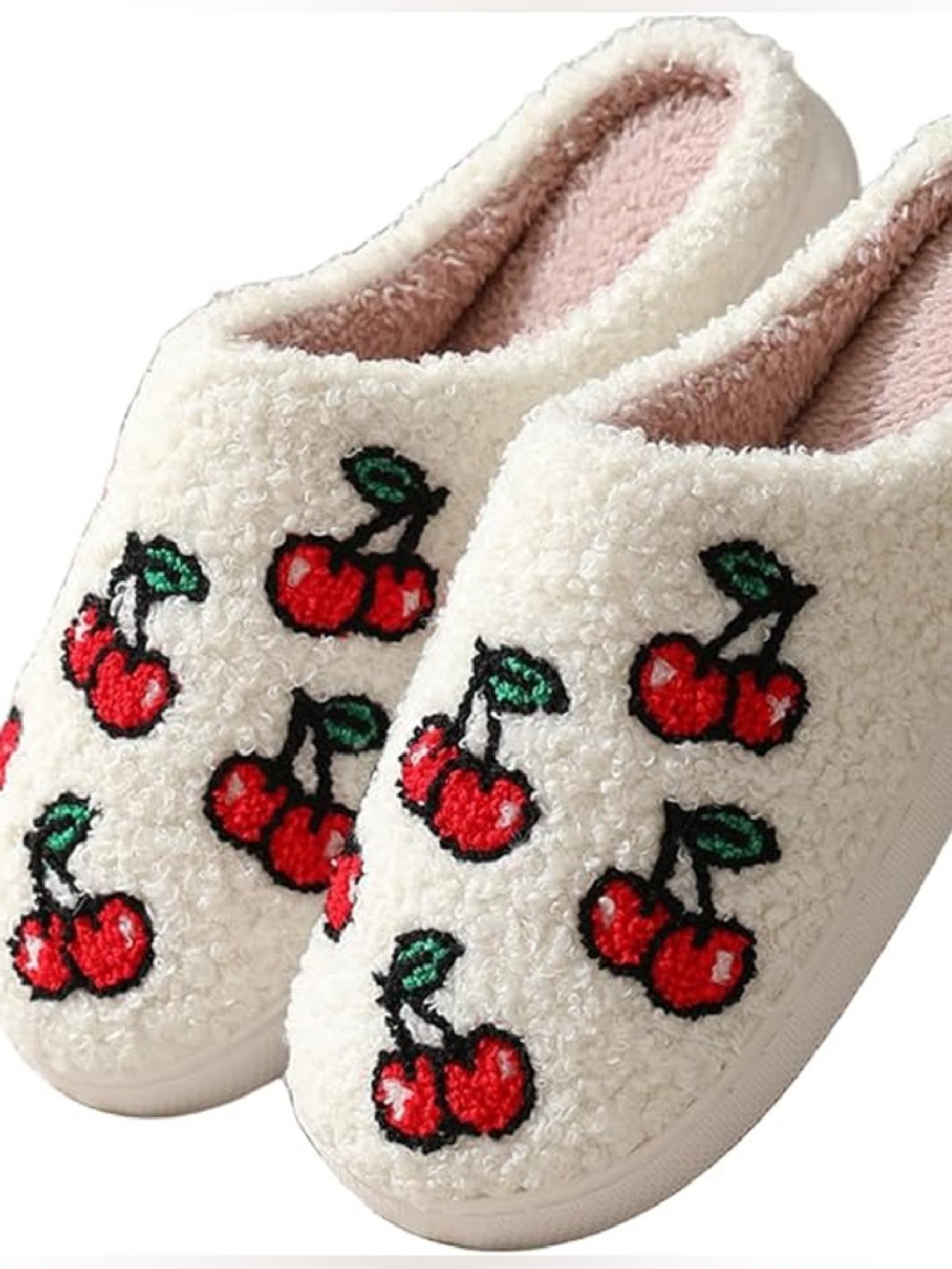 Fuzzy Cherry Print Slip-On Slippers Cream New Women’s Size 8-9